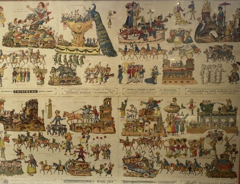 Ensemble de publicités encadrées annonçant le carnaval et les différents chars…