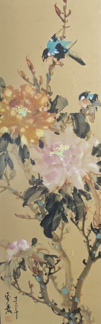 Ensemble de trois peintures ou reproductions d'oiseaux branchés - Cachets et ca…