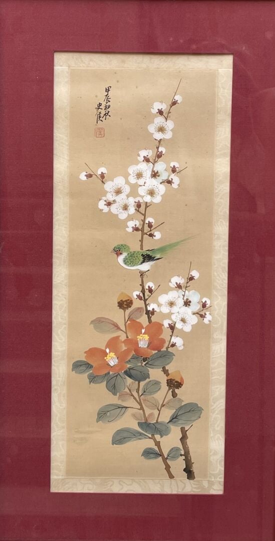 Ensemble de trois peintures ou reproductions d'oiseaux branchés - Cachets et ca…