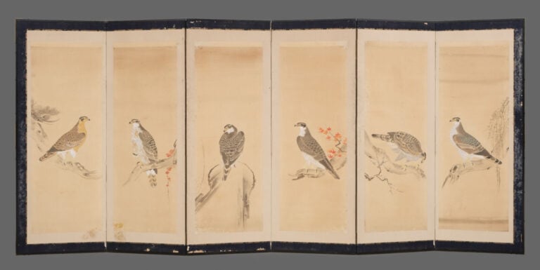 JAPON - XIXème siècle - PARAVENT byôbu 屏風 à six panneaux, recouvert de six pein…