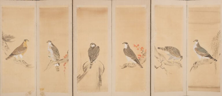JAPON - XIXème siècle - PARAVENT byôbu 屏風 à six panneaux, recouvert de six pein…