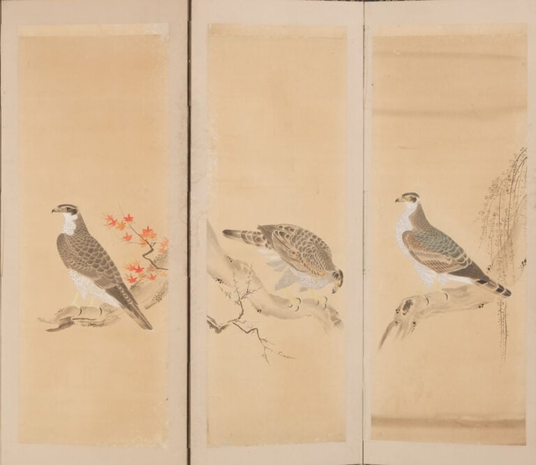 JAPON - XIXème siècle - PARAVENT byôbu 屏風 à six panneaux, recouvert de six pein…
