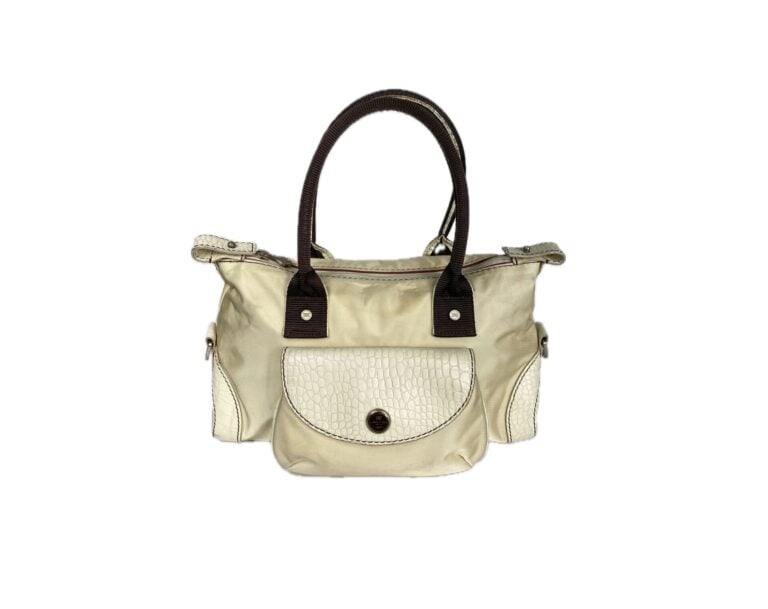 LANCEL - Sac en tissu beige et cuir crème façon reptile, porté main, double ans…