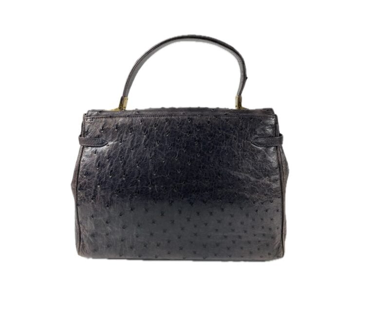 Sac en autruche anthracite dans le style Kelly, garniture en métal doré. - 22 x…