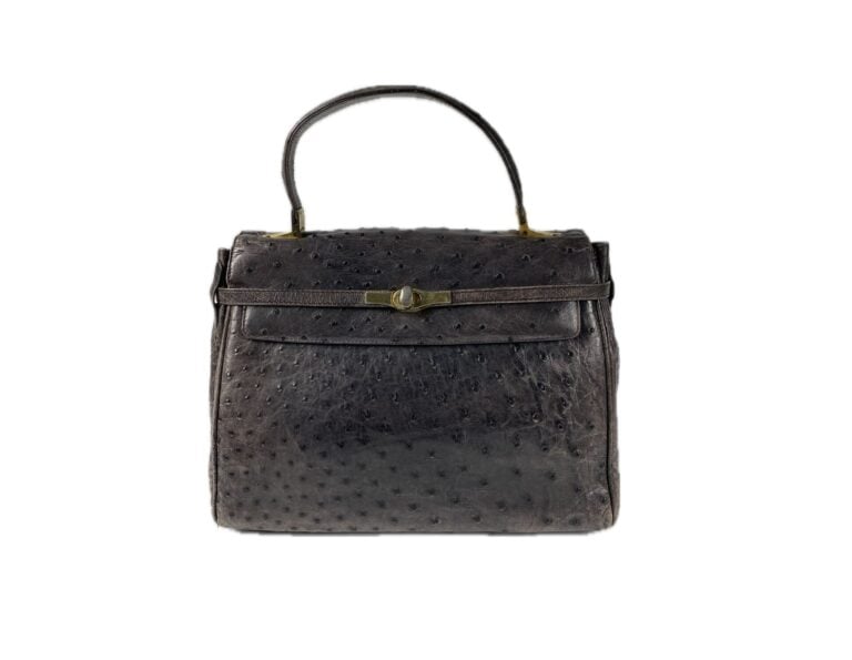 Sac en autruche anthracite dans le style Kelly, garniture en métal doré. - 22 x…