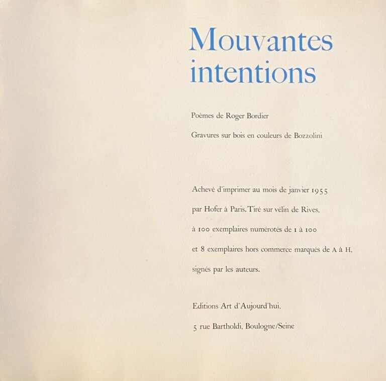 SILVANO BOZZOLINI- Roger Bordier, Mouvantes intentions, Art d'Aujourdhui, Boulo…