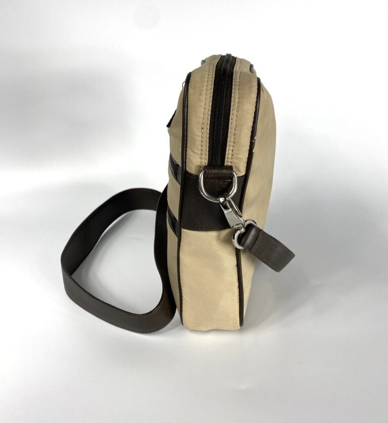 SONIA RYKIEL - Sacoche en bandoulière en tissu beige et cuir chocolat, deux poc…