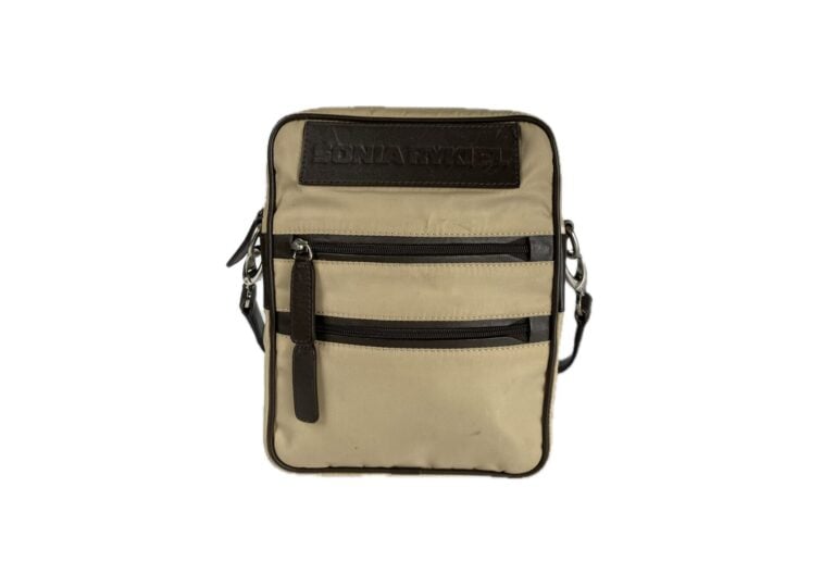 SONIA RYKIEL - Sacoche en bandoulière en tissu beige et cuir chocolat, deux poc…