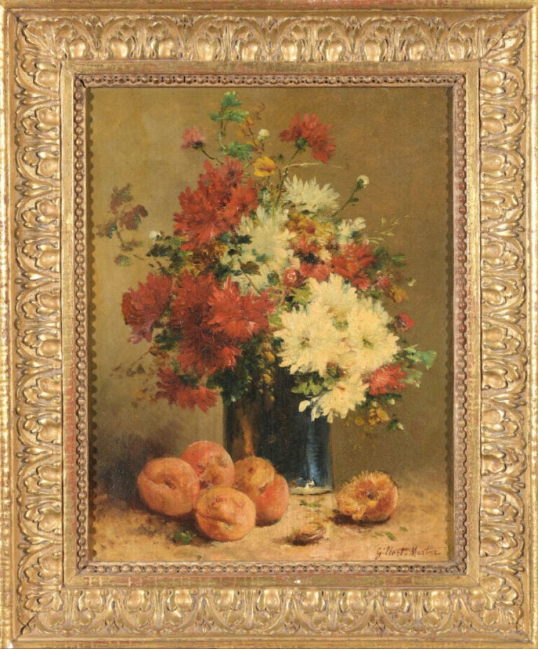 Charles GILBERT-MARTIN (1839-1905) - Nature morte au bouquet de dahlias et abri…