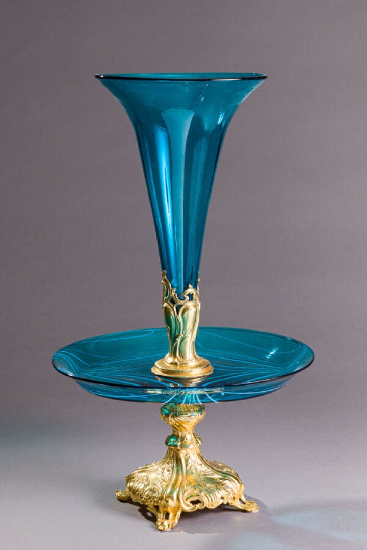CHRISTOFLE - Centre de table en cristal turquoise et bronze doré - CHRISTOFLE à…