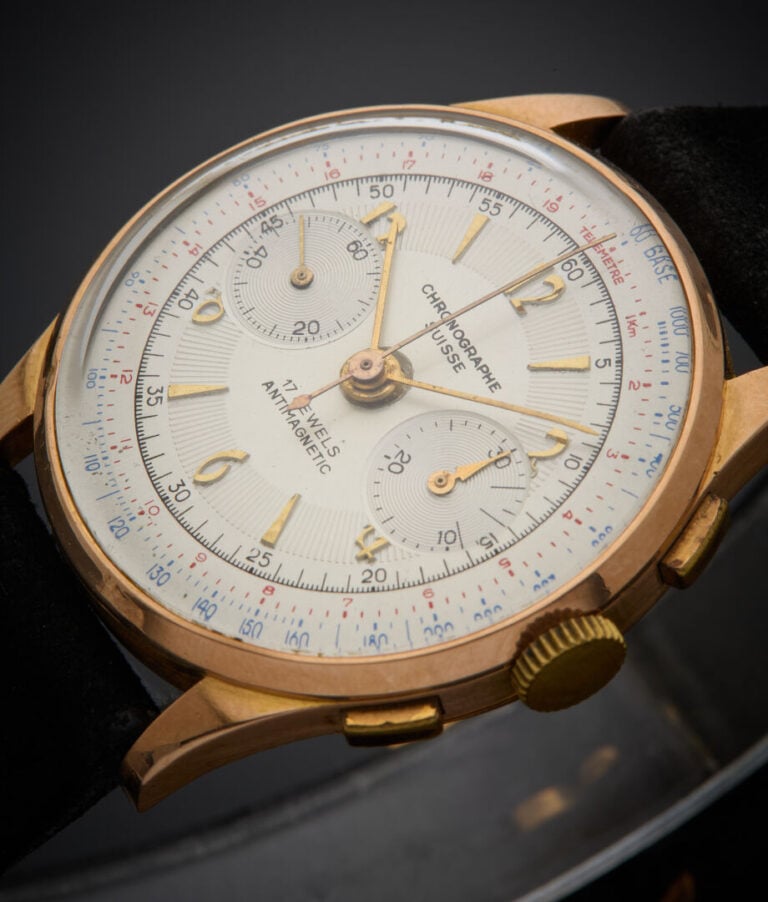 CHRONOGRAPHE SUISSE - - BRACELET MONTRE chronographe, ronde en or rose (750‰).…