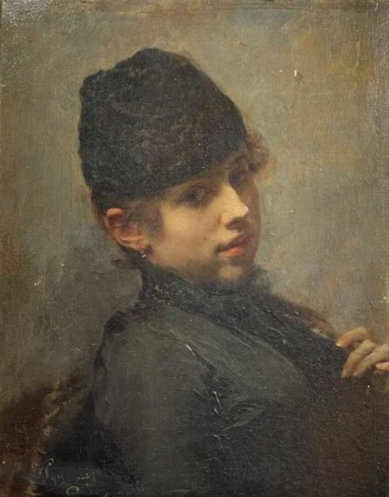 HYNAIS VOJTECH (1854-1925) - « Jeune femme au bonnet noir » - Huiles sur pannea…