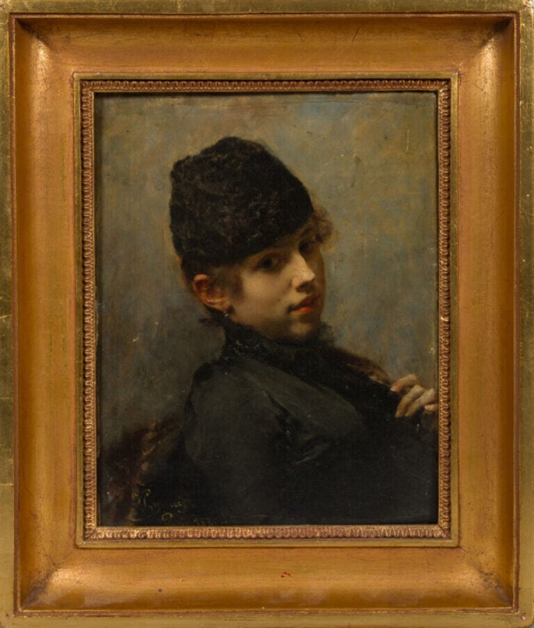 HYNAIS VOJTECH (1854-1925) - « Jeune femme au bonnet noir » - Huiles sur pannea…