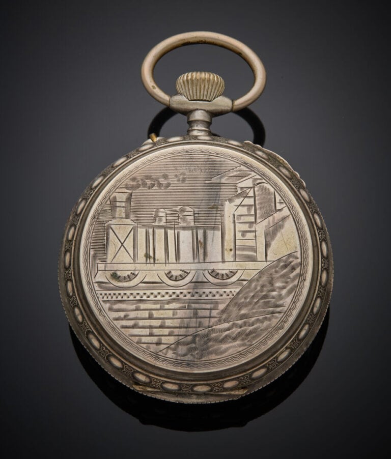 MONTRE de POCHE REGULATEUR en argent (min. 800‰) ciselé et guilloché de frises…