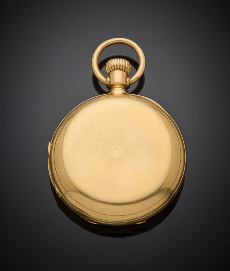 MONTRE de POCHE SAVONNETTE en or jaune (750‰) uni. Cadran émail blanc (fêles, u…