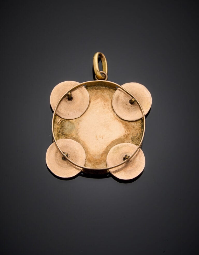PENDENTIF "tambourin" en or jaune et or rose (585‰) 14 carats, gravé. - Long.:…