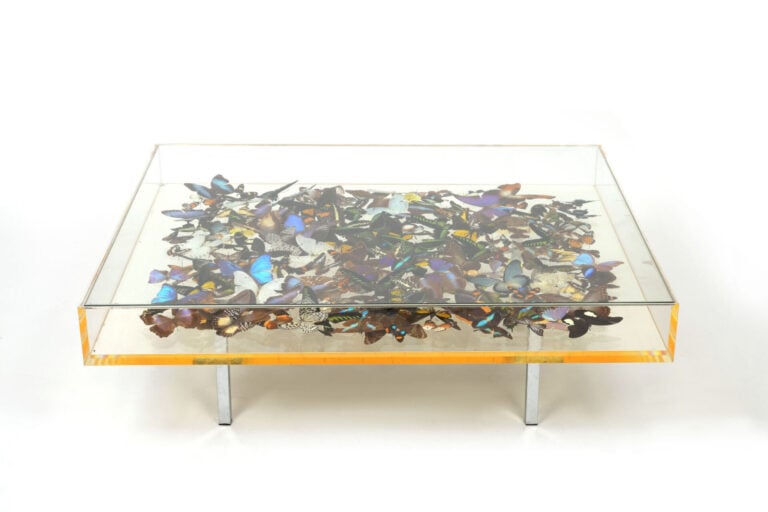 Table basse de forme rectangulaire en plexiglas, le plateau ornée d'une inclusi…