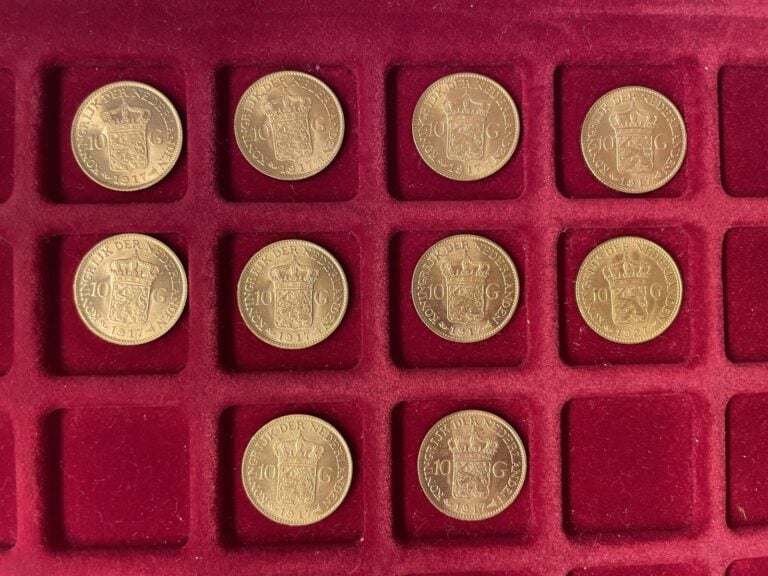 Ensemble de 10 pièces OR de 10 florins comprenant : - 9x Wilhelmine 1917 - 1x W…