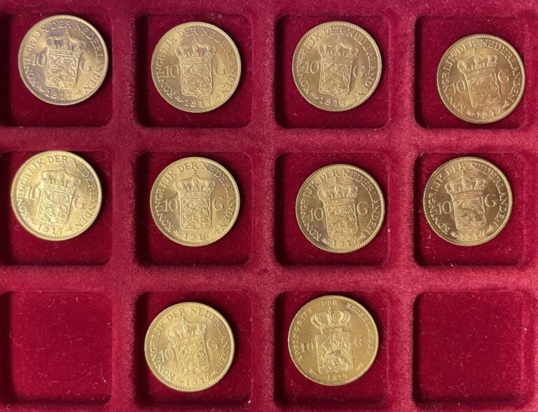 Ensemble de 10 pièces OR de 10 florins comprenant : - 9x Wilhelmine 1917 - 1x W…
