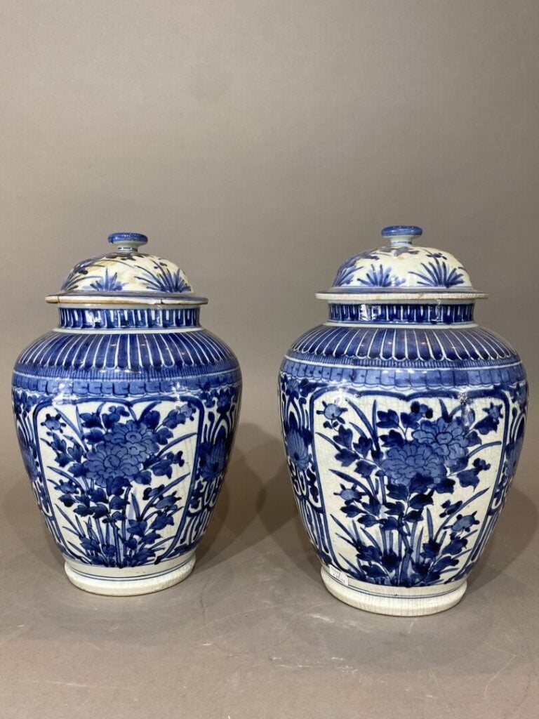 Japon - Paire de vases couverts en porcelaine bleu blanc dans le style Arita à…