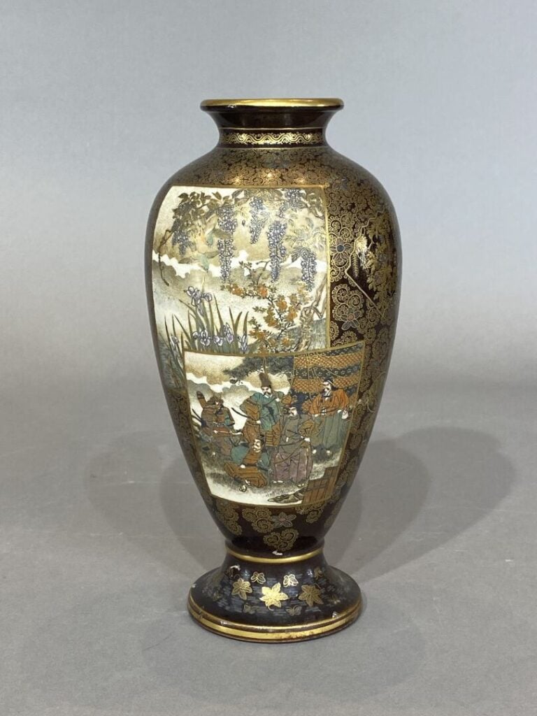 Japon - Vase balustre en faïence de Satsuma à décor en registre de scènes animé…