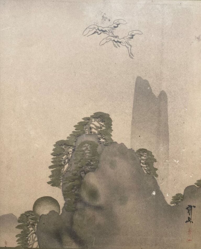 Sesshu, d'après - Reproduction du paravent représentant des fleurs et oiseaux d…