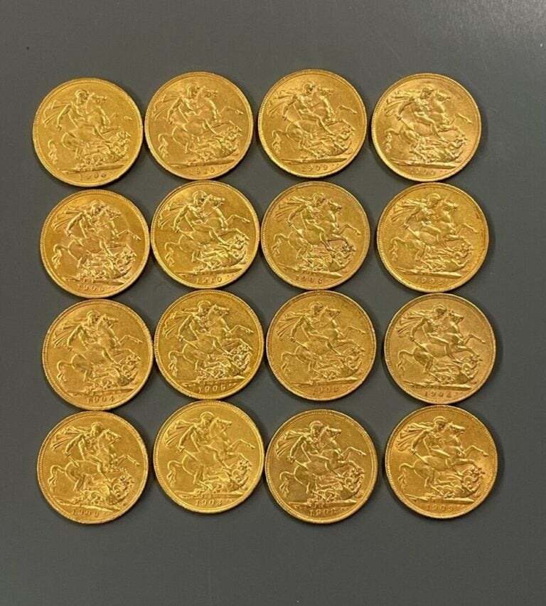 ANGLETERRE - 16 souverains or Edouard VII - Poids total : 127.2 g - (petites us…