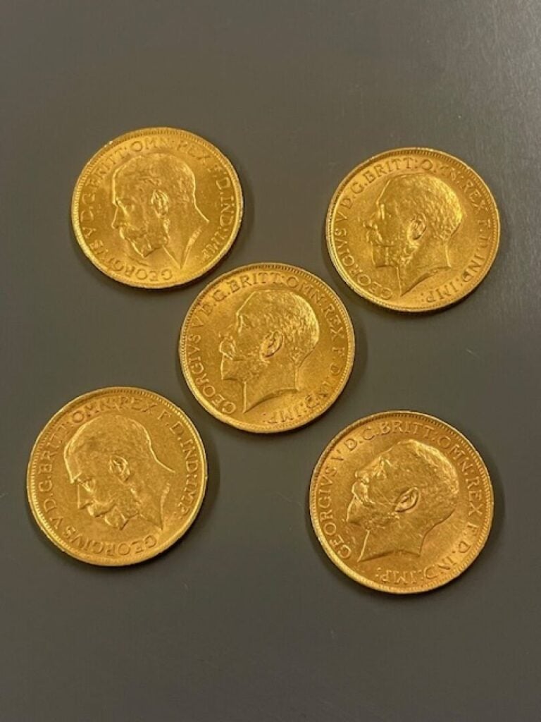 ANGLETERRE - 5 souverains or Georges V, 1911, 1912, 1913 (x2), 1915 - Poids tot…