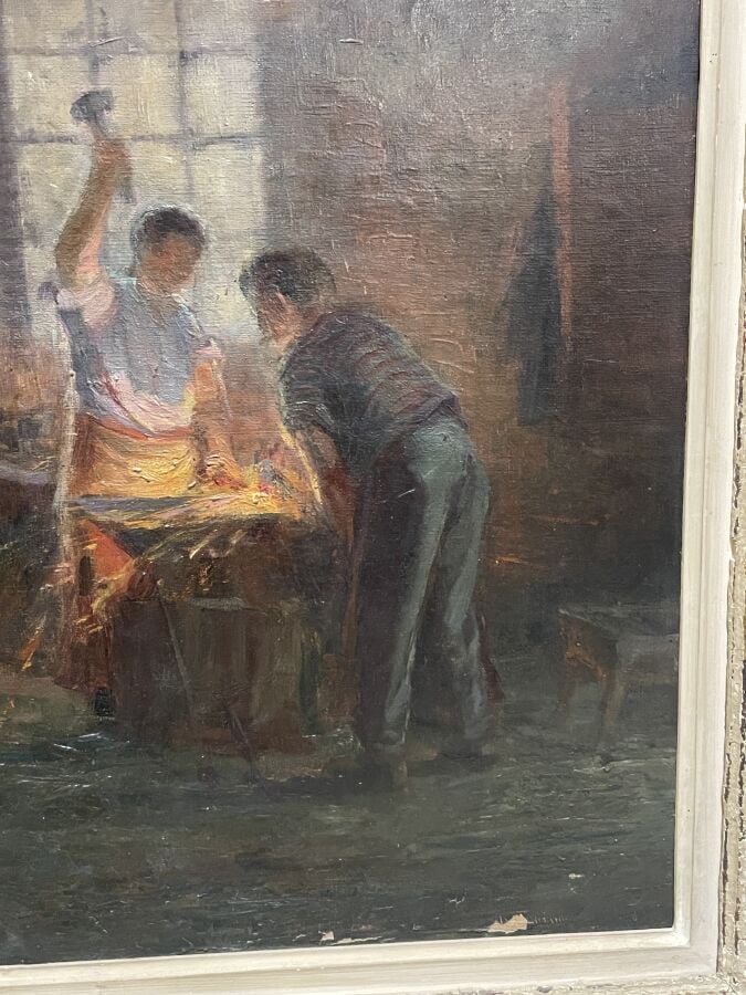 Attribué à Elemer VAGH WEINMANN - Intérieur d'une forge - Toile, signée en bas…
