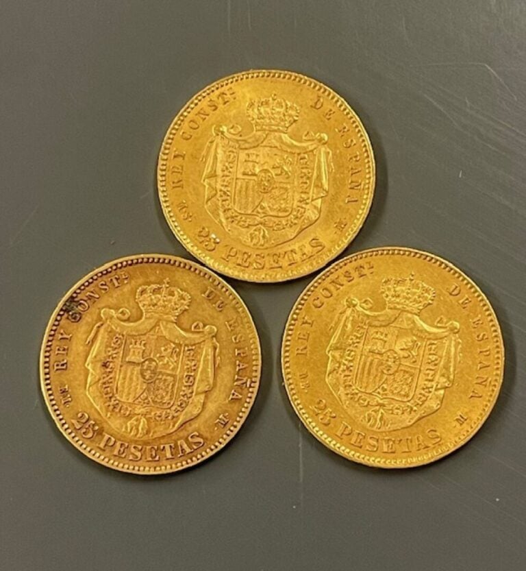 ESPAGNE - 3 pièces de 25 pesetas, Alfonso XII 1877, 1878 et 1881 - Poids total…