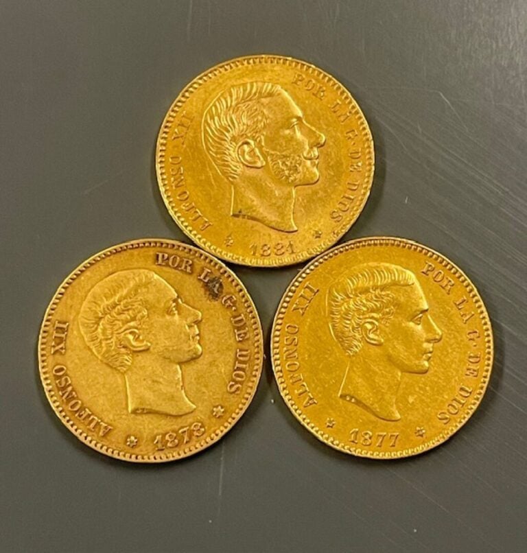 ESPAGNE - 3 pièces de 25 pesetas, Alfonso XII 1877, 1878 et 1881 - Poids total…