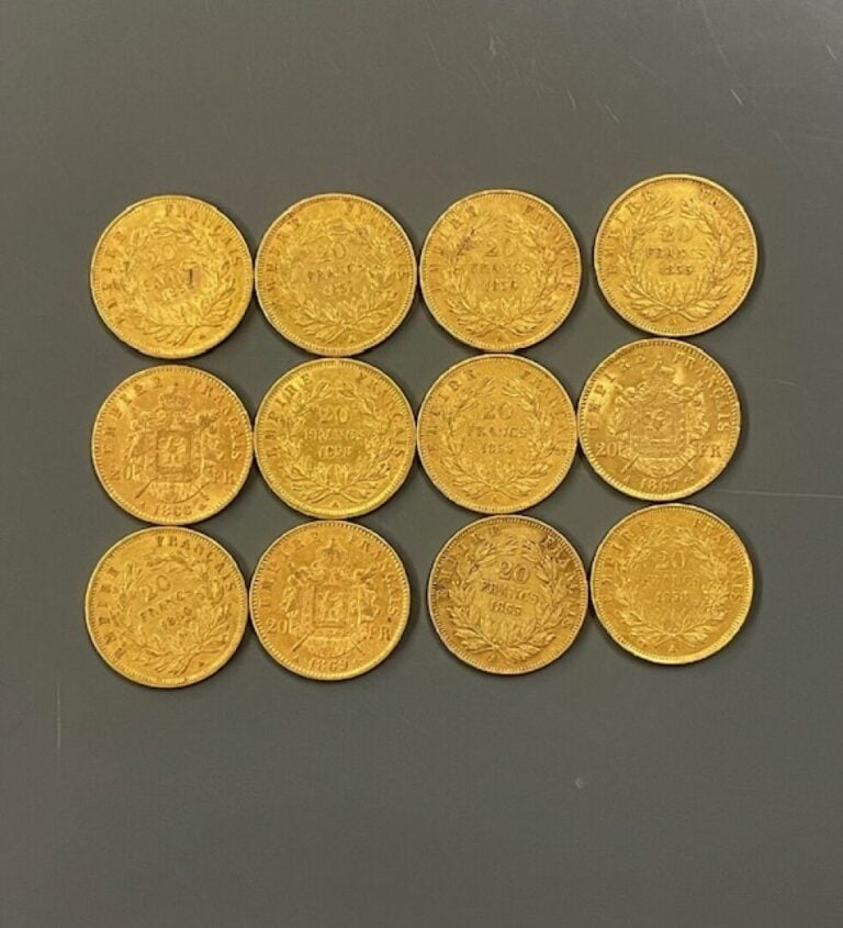 FRANCE - 12 pièces de 20 francs or, Napoléon III - Poids total : 77 g - (petite…