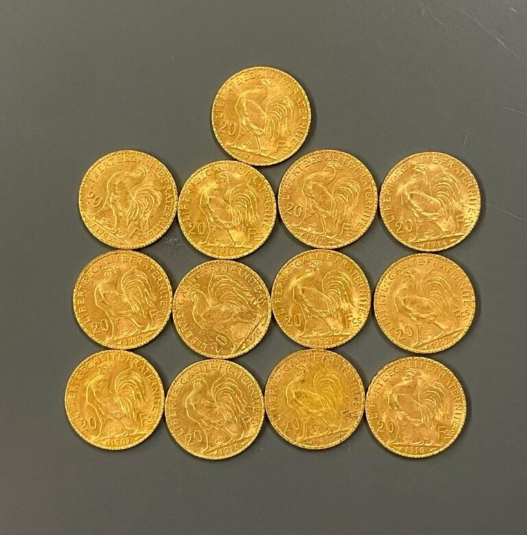 FRANCE - 13 pièces de 20 francs or, IIIe République - Poids total : 83.7 g