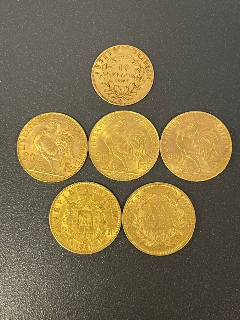 FRANCE - 5 pièces de 20 francs or - 1859, 1869, 1912, 1913 et 1914 - Poids tota…