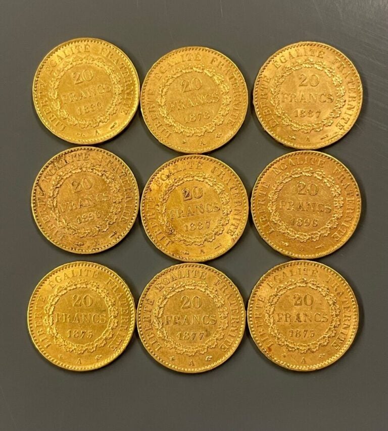 FRANCE - 9 pièces de 20 francs or, IIIe République - Poids total : 57.8 g - (pe…