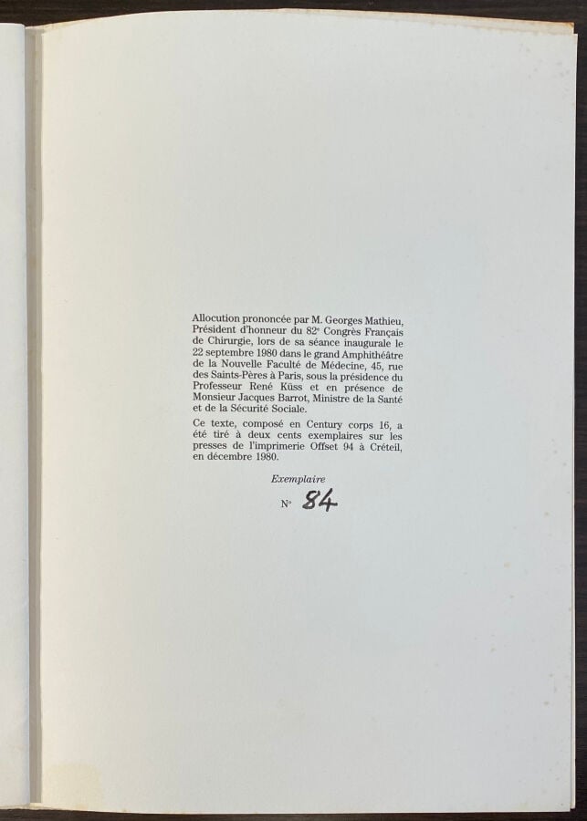 Georges MATHIEU - La chirurgie est-elle un art ? » s. e., Paris, 1980, in 4, ti…