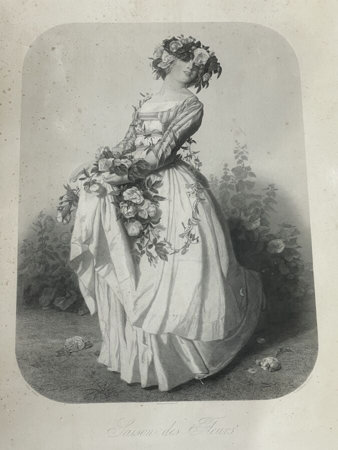 LOT comprenant : - 4 GRAVURES en noir "Saison des fruits", "Saison des épis","S…
