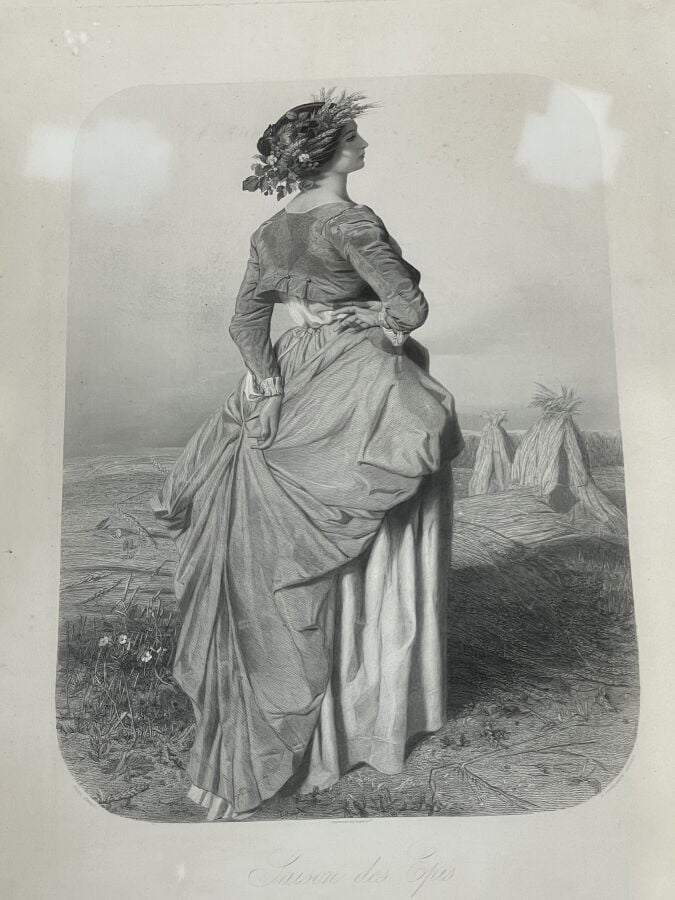 LOT comprenant : - 4 GRAVURES en noir "Saison des fruits", "Saison des épis","S…