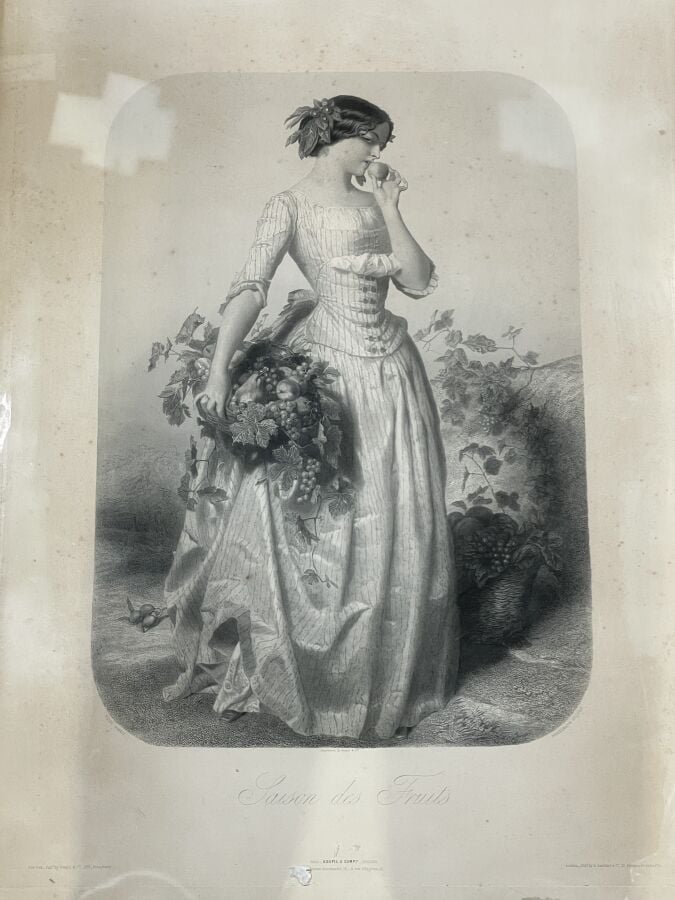 LOT comprenant : - 4 GRAVURES en noir "Saison des fruits", "Saison des épis","S…