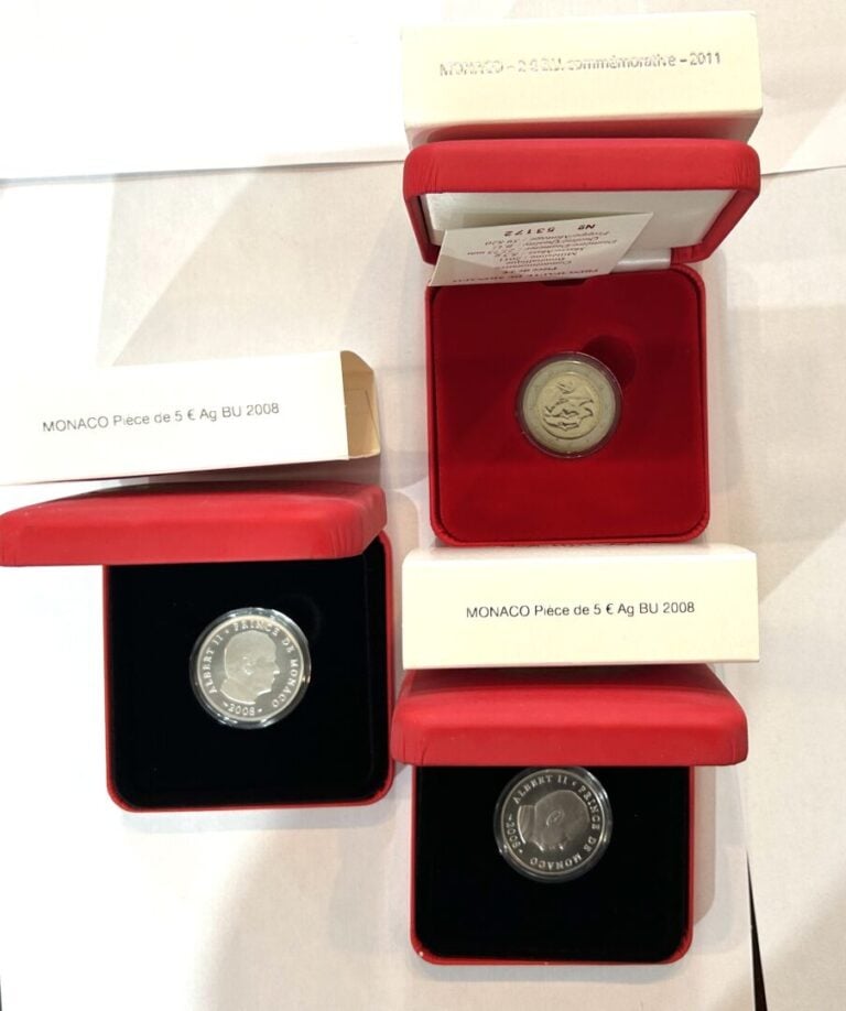 Monaco - Euros - Lot de deux 5 Euros Argent 2008, Albert II et un deux euros 20…