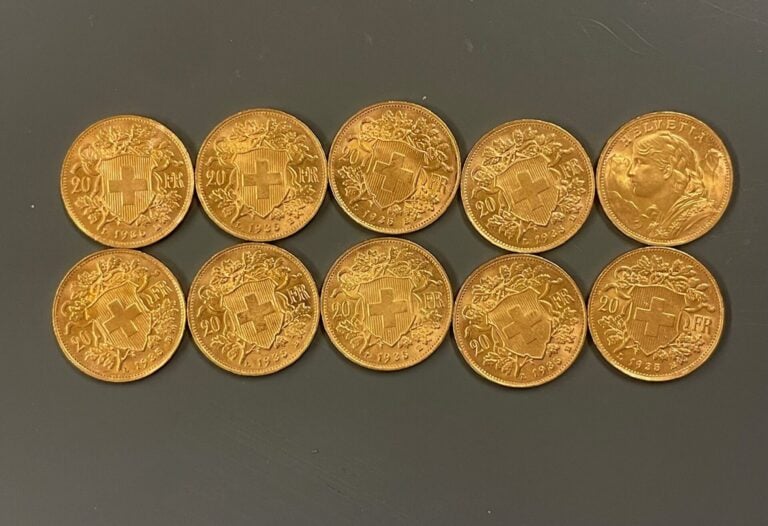 SUISSE - 10 pièces de 20 francs or Helvetia - Poids total : 64.2 g