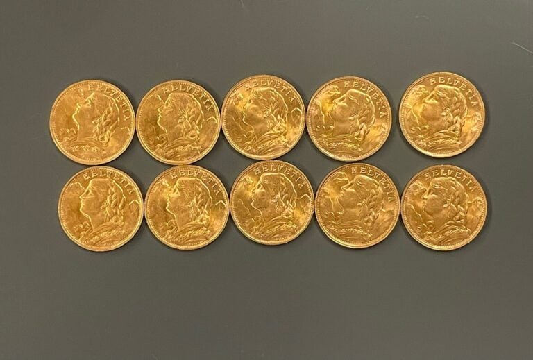 SUISSE - 10 pièces de 20 francs or Helvetia - Poids total : 64.2 g