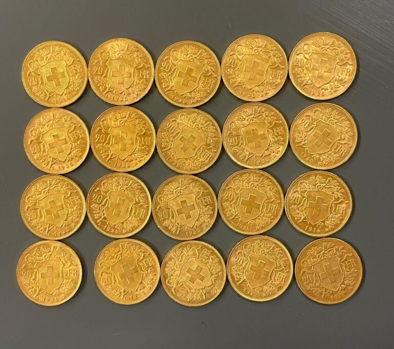 SUISSE - 20 pièces de 20 francs or Helvetia - Poids total : 128.7 g