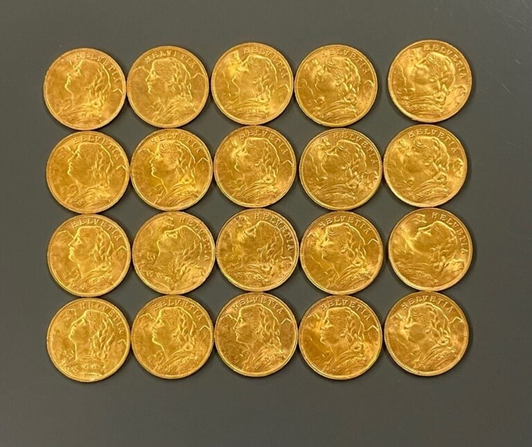 SUISSE - 20 pièces de 20 francs or Helvetia - Poids total : 128.7 g