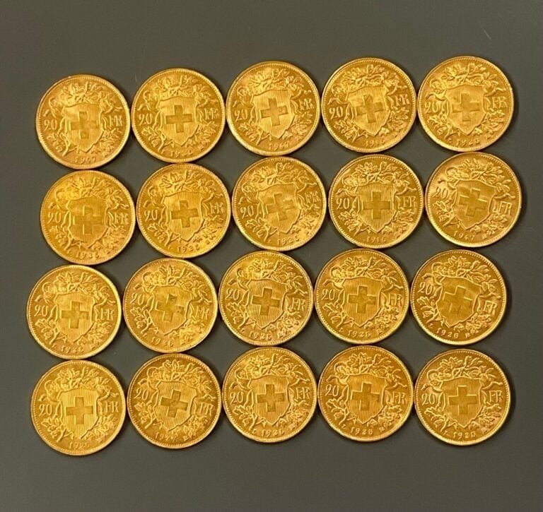 SUISSE - 20 pièces de 20 francs or Helvetia - Poids total : 128.7 g
