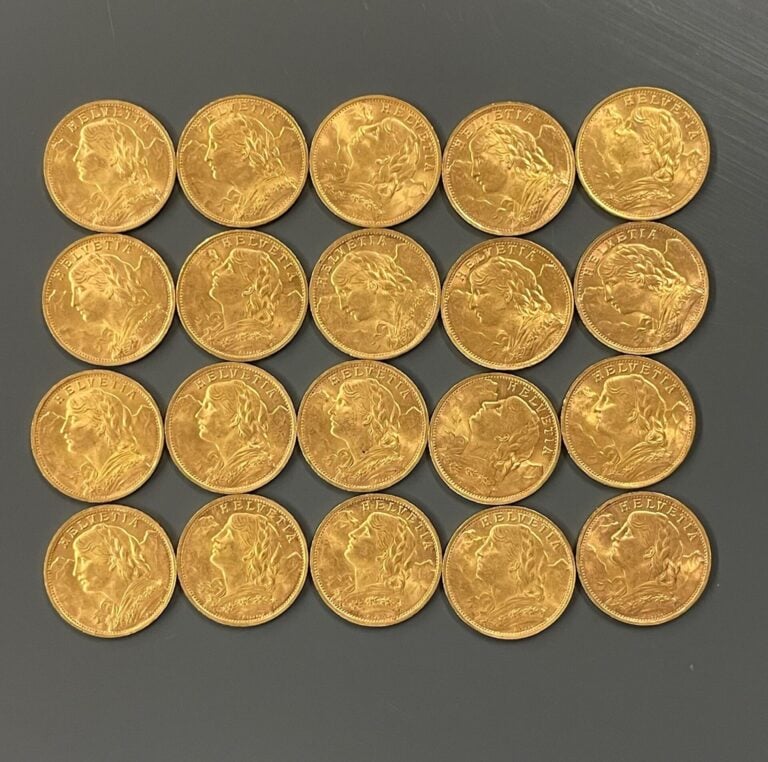 SUISSE - 20 pièces de 20 francs or Helvetia - Poids total : 128.7 g
