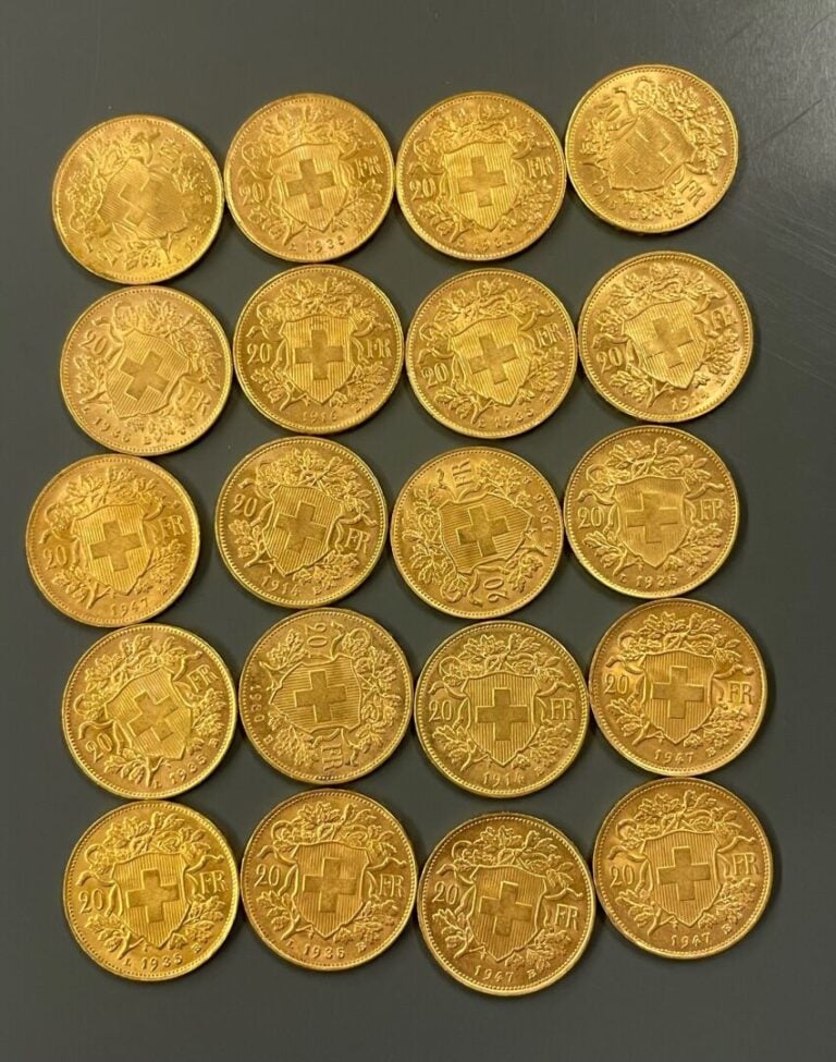 SUISSE - 20 pièces de 20 francs or Helvetia - Poids total : 128.7 g - (petites…
