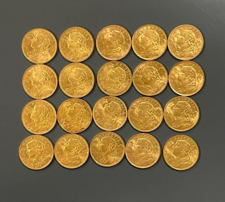 SUISSE - 20 pièces de 20 francs or Helvetia - Poids total : 128.7 g - (petites…