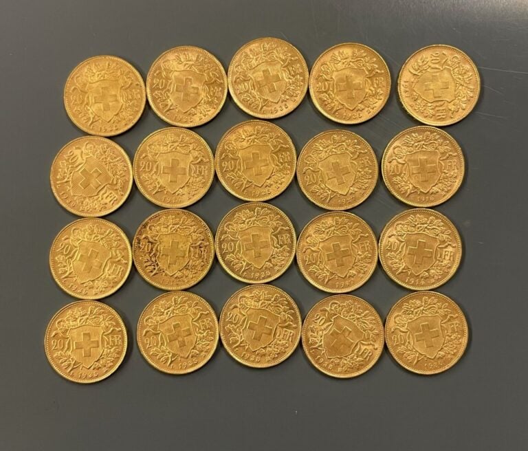 SUISSE - 20 pièces de 20 francs or Helvetia - Poids total : 128.7 g - (petites…