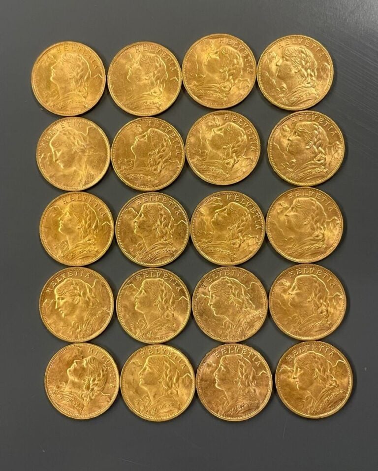 SUISSE - 20 pièces de 20 francs or Helvetia - Poids total : 128.7 g - (petites…